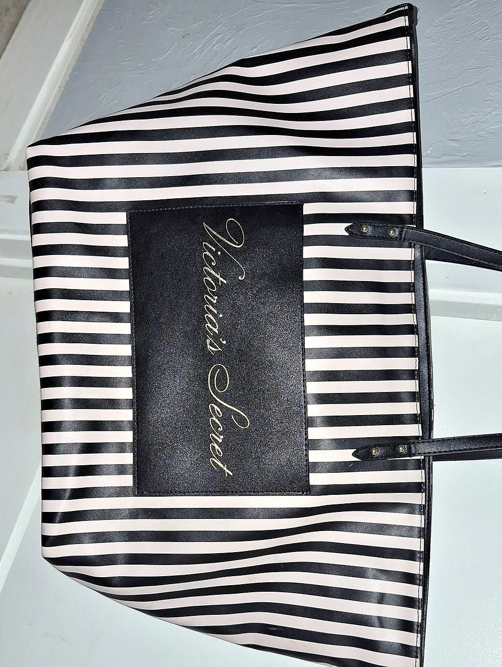 Victoria's Secret Travel Zip Tote Bag, Heritage Stripe Black & White